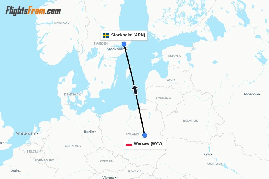 Flights from Warsaw to Stockholm route map