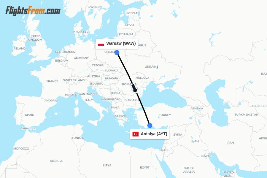 Flights from Warsaw to Antalya route map