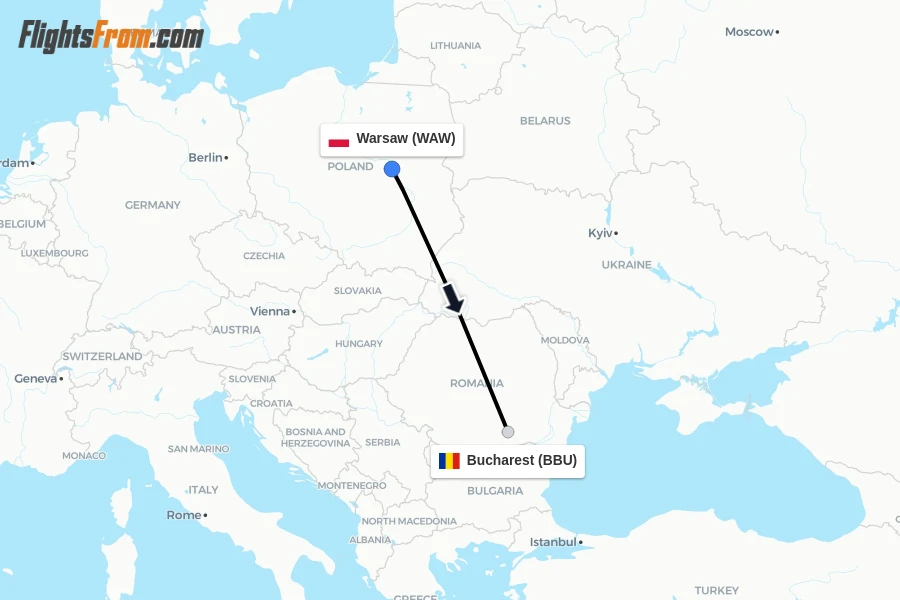 Flights from Warsaw to Bucharest route map