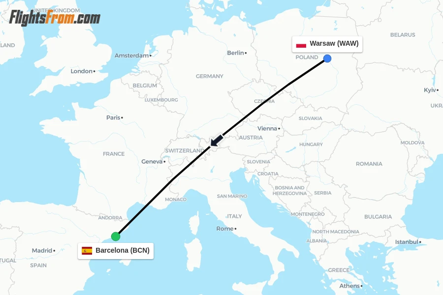Flights from Warsaw to Barcelona route map
