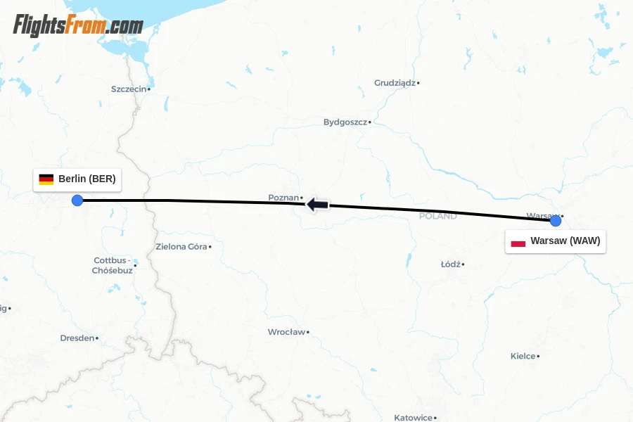 Flights from Warsaw to Berlin route map