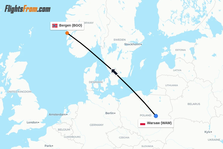 Flights from Warsaw to Bergen route map