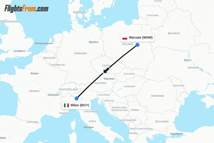 Flights from Warsaw to Milan route map