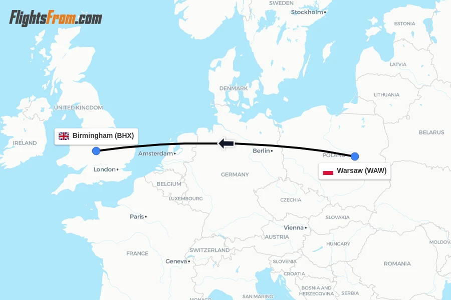 Flights from Warsaw to Birmingham route map