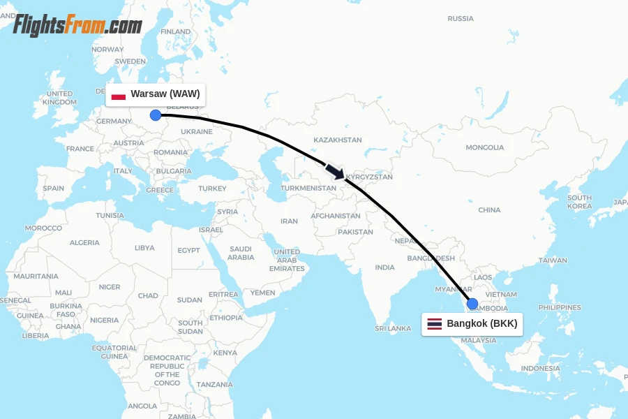 Flights from Warsaw to Bangkok route map