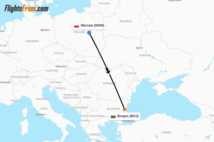 Flights from Warsaw to Burgas route map