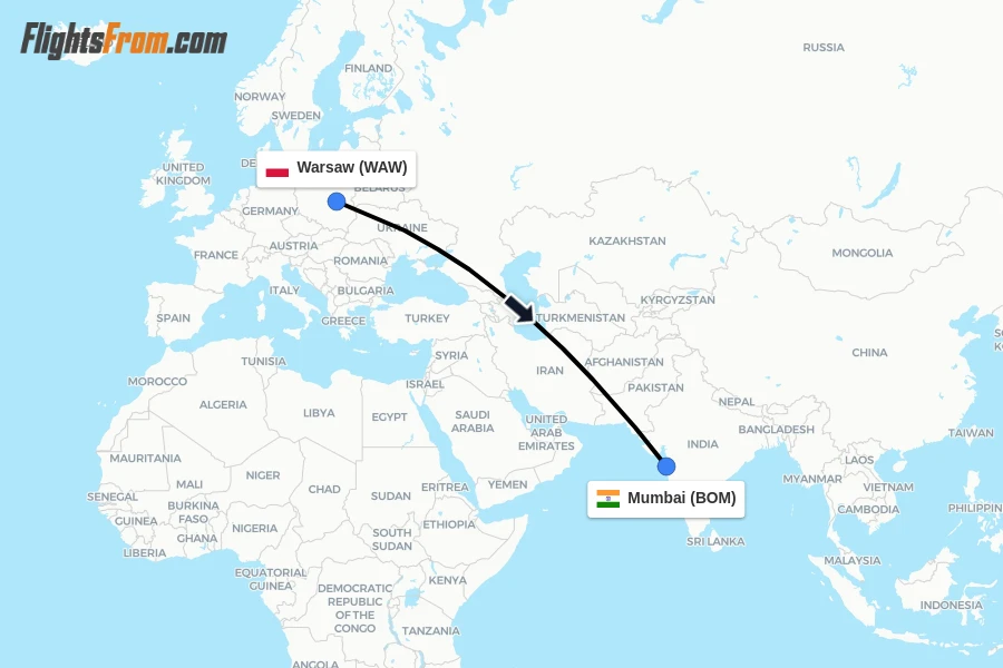 Flights from Warsaw to Mumbai route map