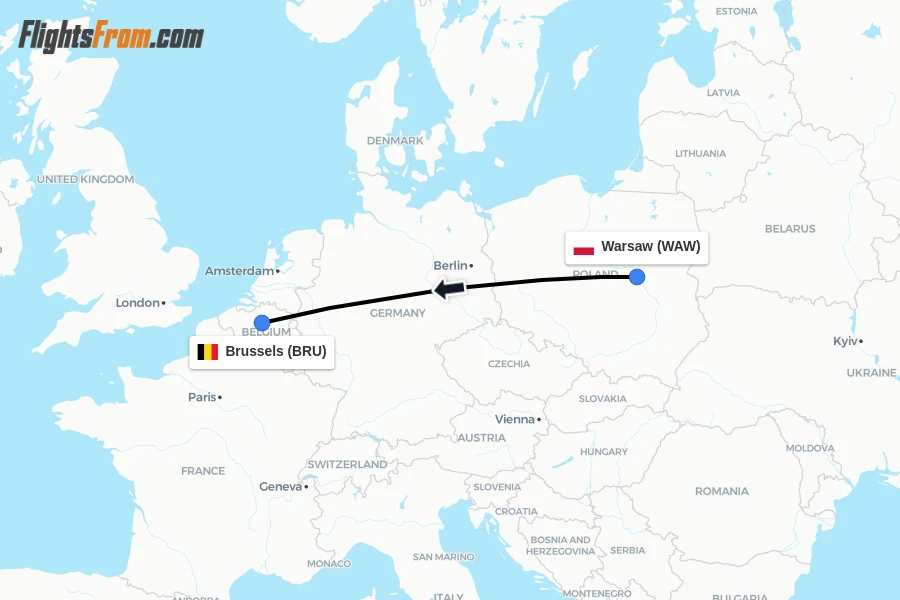 Flights from Warsaw to Brussels route map