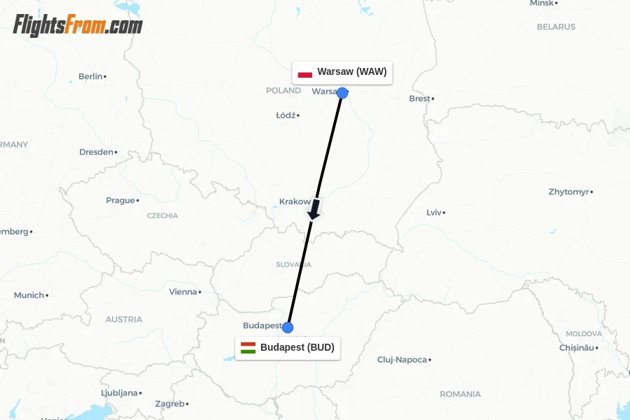 Flights from Warsaw to Budapest route map