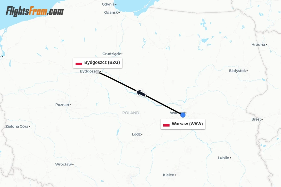 Flights from Warsaw to Bydgoszcz route map