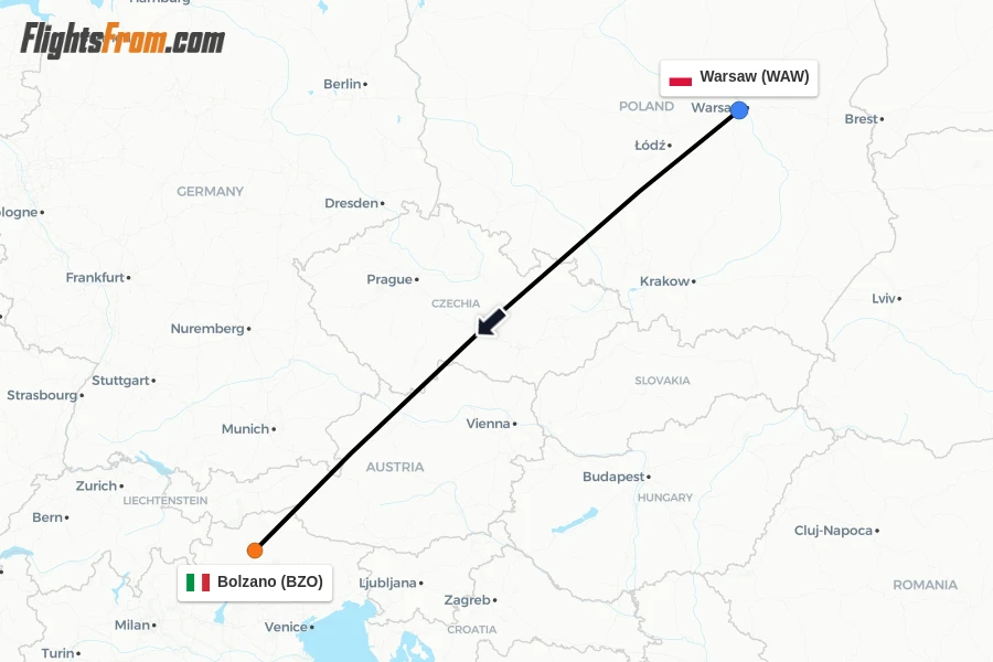 Flights from Warsaw to Bolzano route map