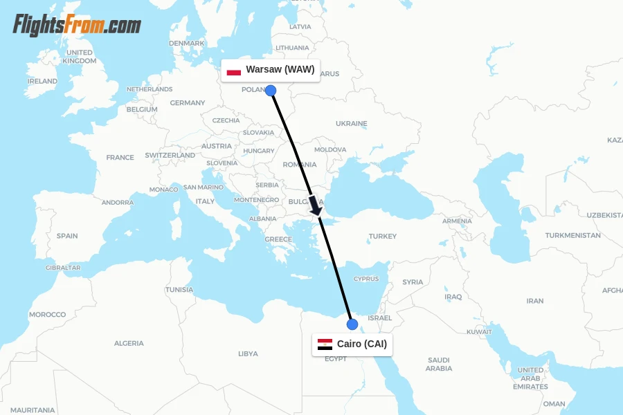 Flights from Warsaw to Cairo route map