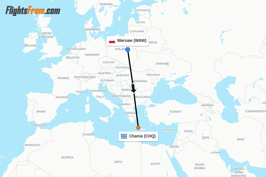Flights from Warsaw to Chania route map