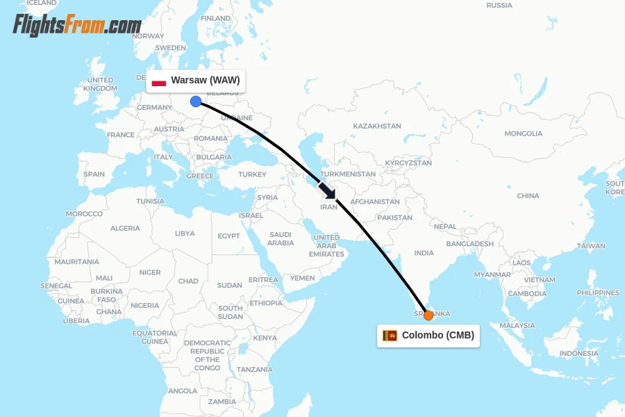 Flights from Warsaw to Colombo route map