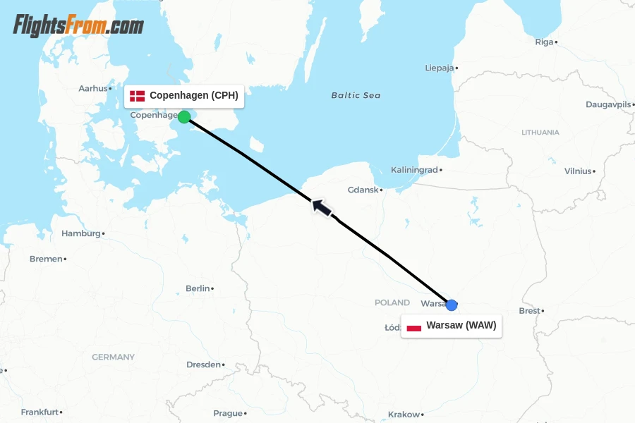 Flights from Warsaw to Copenhagen route map