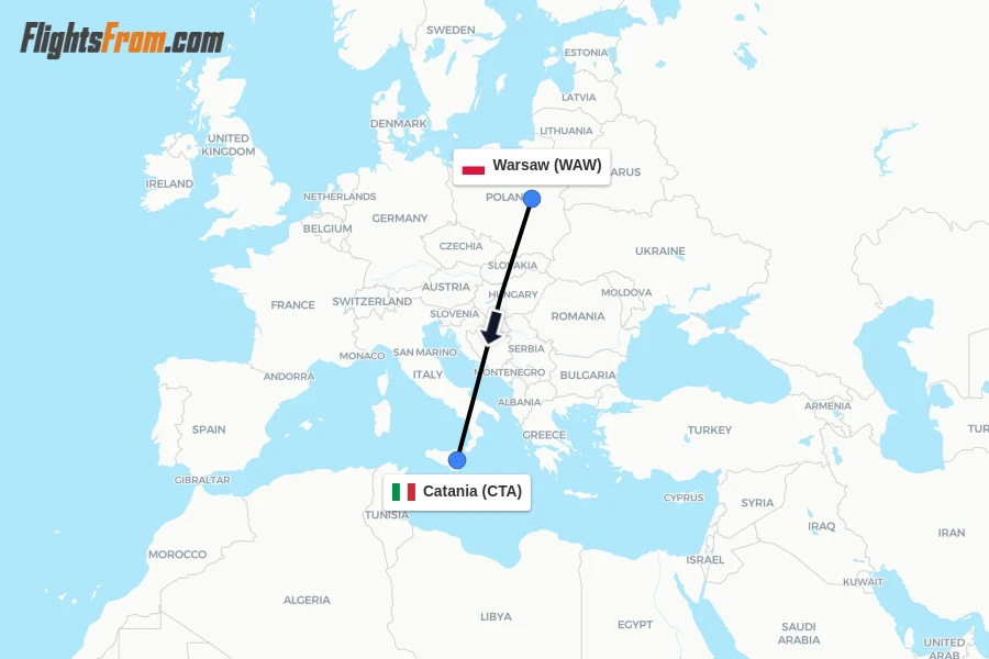 Flights from Warsaw to Catania route map