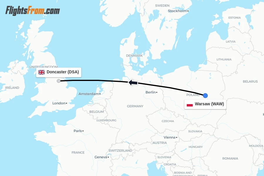 Flights from Warsaw to Doncaster route map