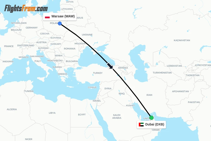 Flights from Warsaw to Dubai route map