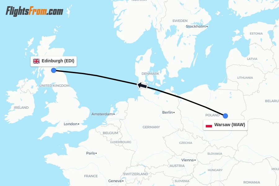 Flights from Warsaw to Edinburgh route map