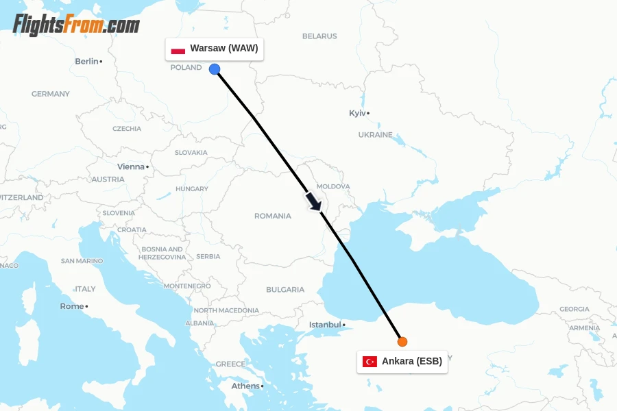 Flights from Warsaw to Ankara route map
