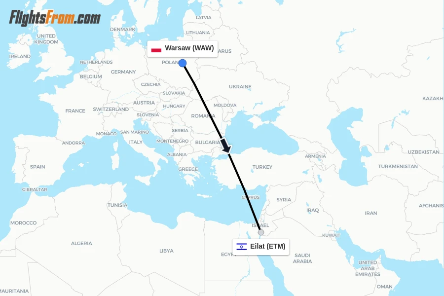Flights from Warsaw to Eilat route map