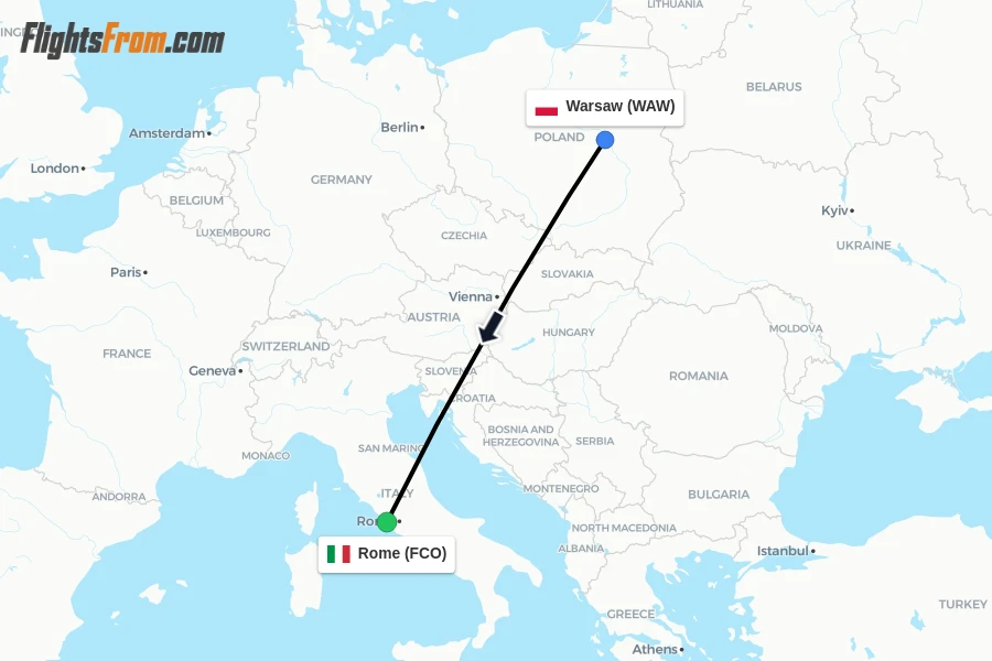 Flights from Warsaw to Rome route map