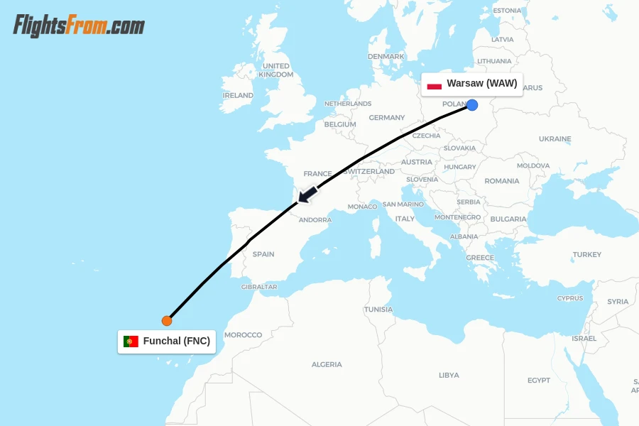 Flights from Warsaw to Funchal route map