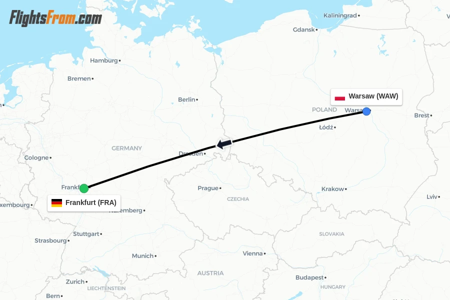 Flights from Warsaw to Frankfurt route map