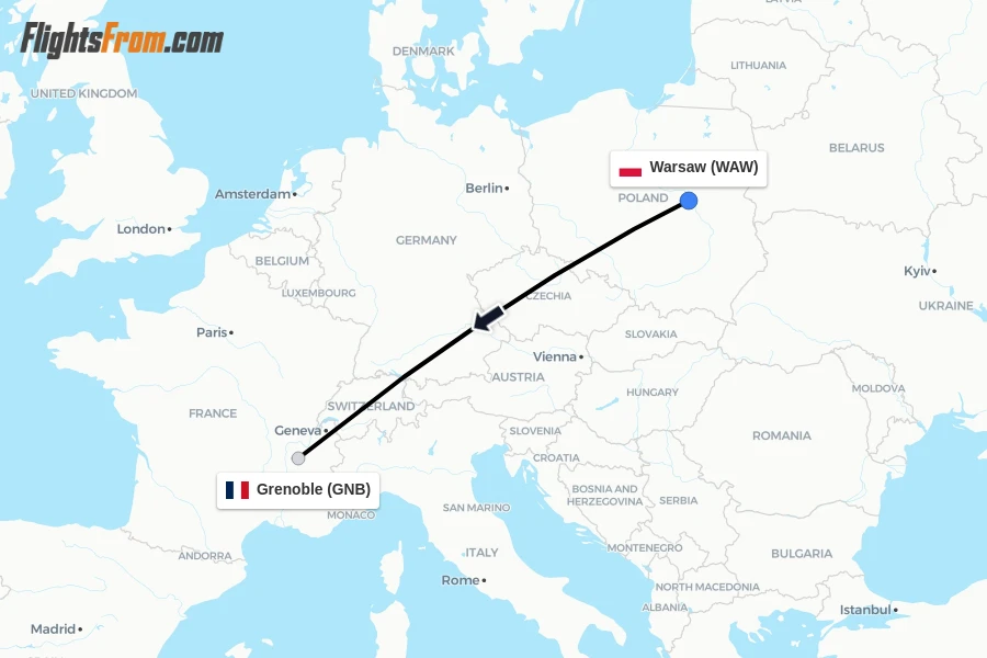 Flights from Warsaw to Grenoble route map