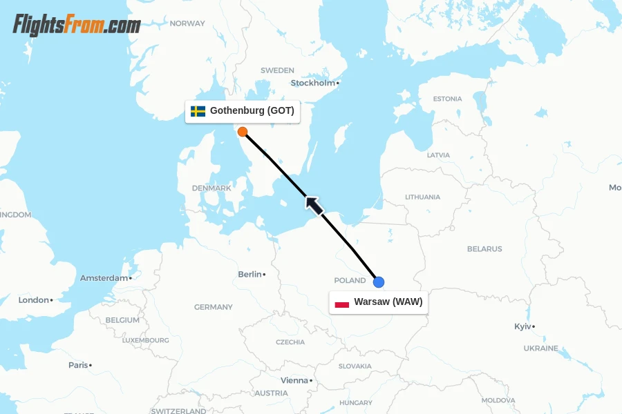 Flights from Warsaw to Gothenburg route map
