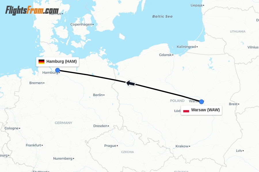 Flights from Warsaw to Hamburg route map