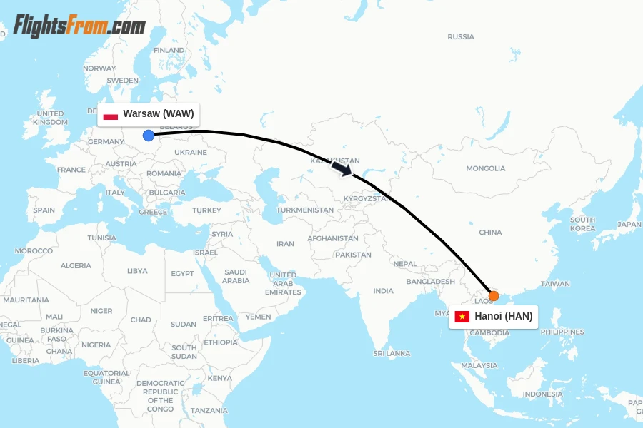 Flights from Warsaw to Hanoi route map