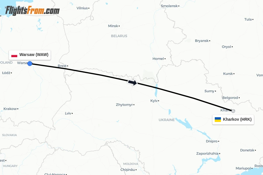 Flights from Warsaw to Kharkov route map