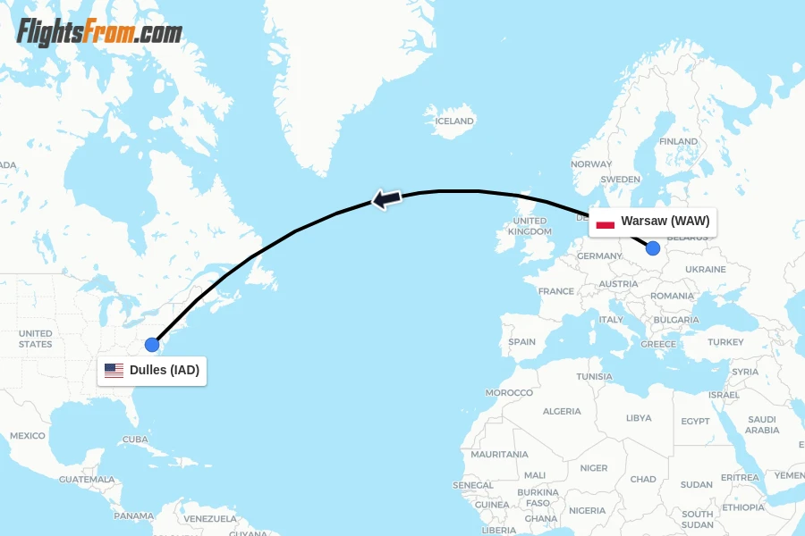 Flights from Warsaw to Dulles route map