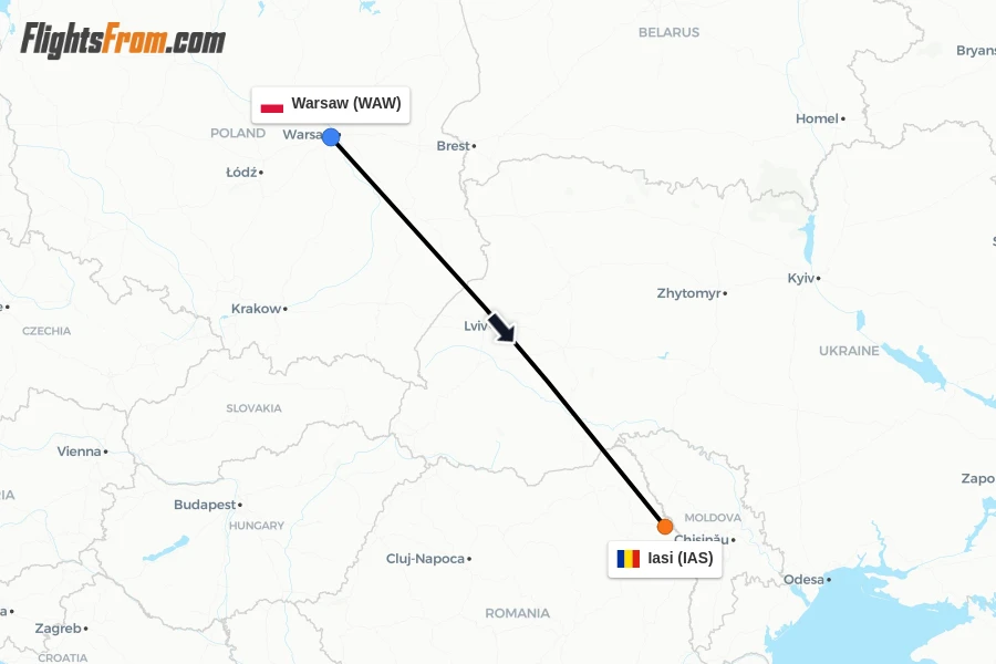 Flights from Warsaw to Iasi route map