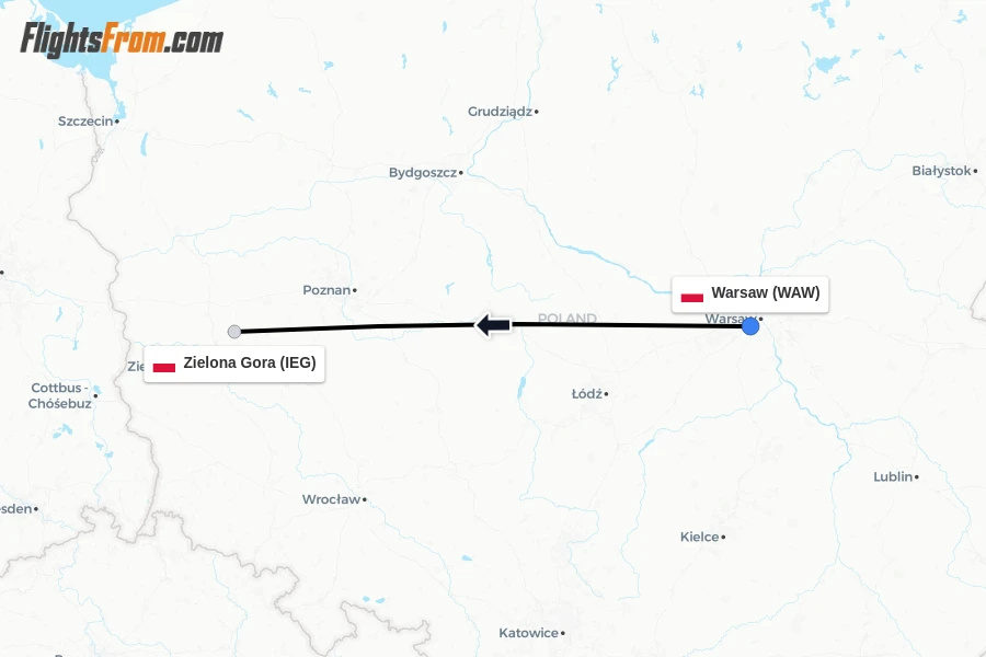 Flights from Warsaw to Zielona Gora route map