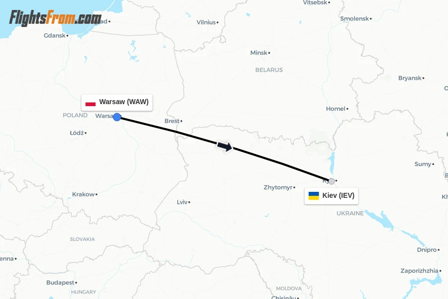 Flights from Warsaw to Kiev route map