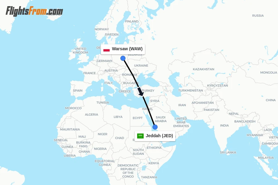 Flights from Warsaw to Jeddah route map