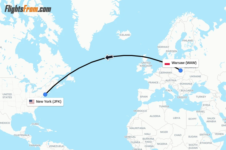 Flights from Warsaw to New York route map