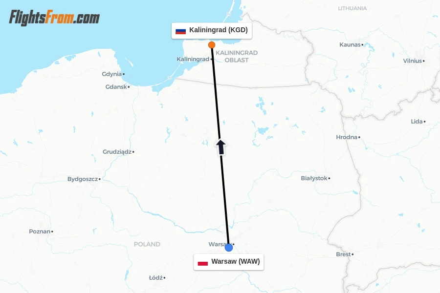 Flights from Warsaw to Kaliningrad route map