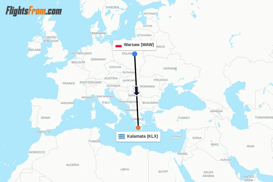Flights from Warsaw to Kalamata route map