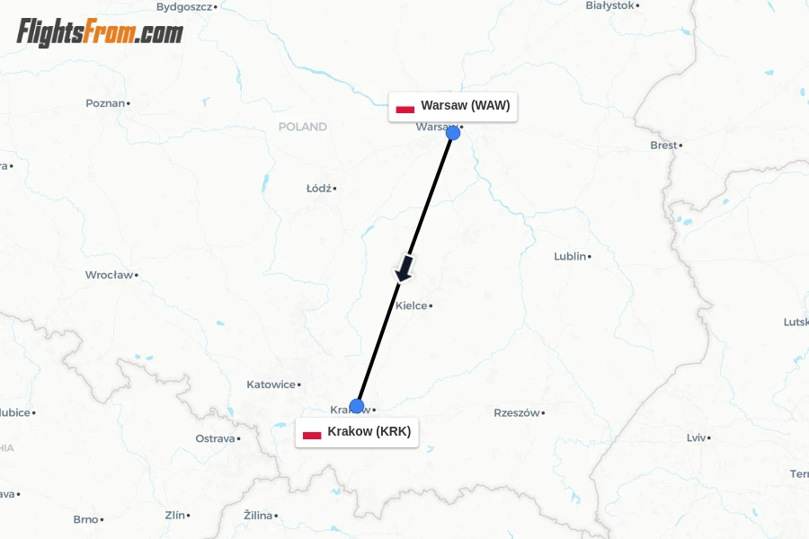 Flights from Warsaw to Krakow route map