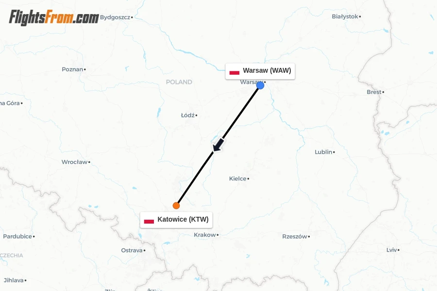 Flights from Warsaw to Katowice route map