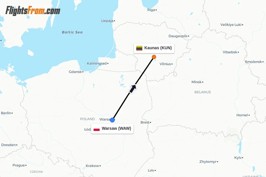 Flights from Warsaw to Kaunas route map
