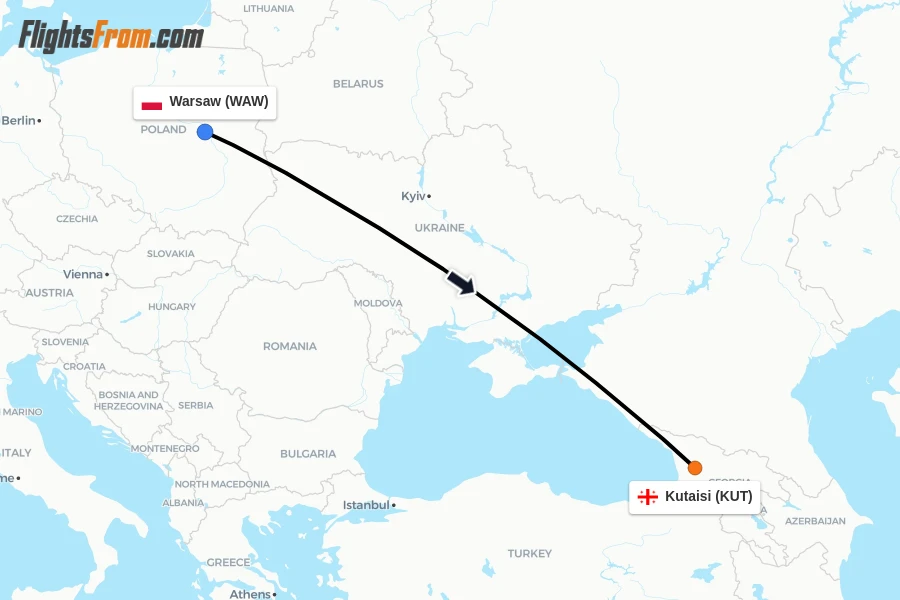 Flights from Warsaw to Kutaisi route map