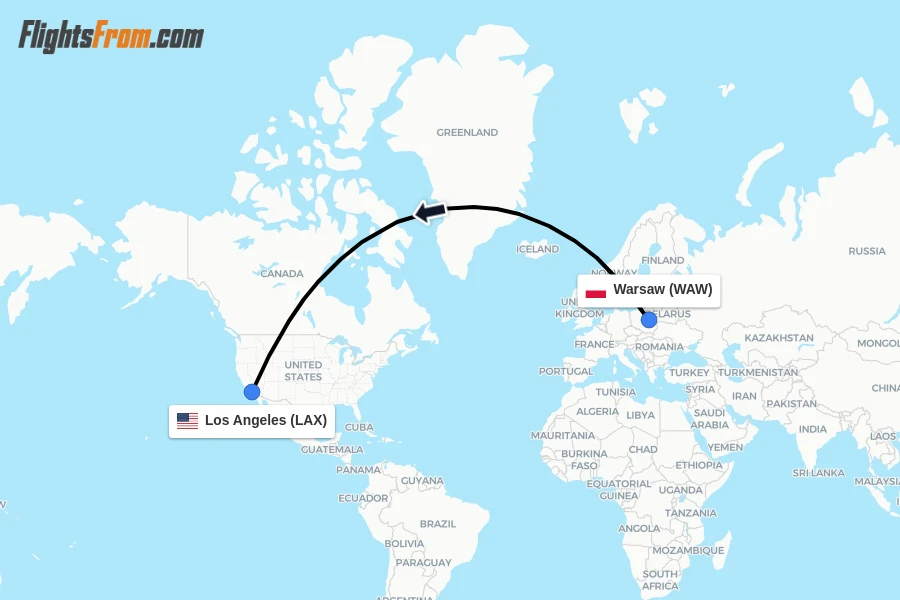Flights from Warsaw to Los Angeles route map