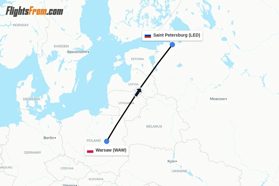 Flights from Warsaw to Saint Petersburg route map