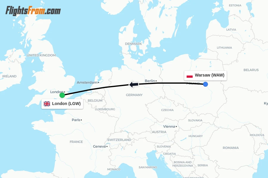 Flights from Warsaw to London route map