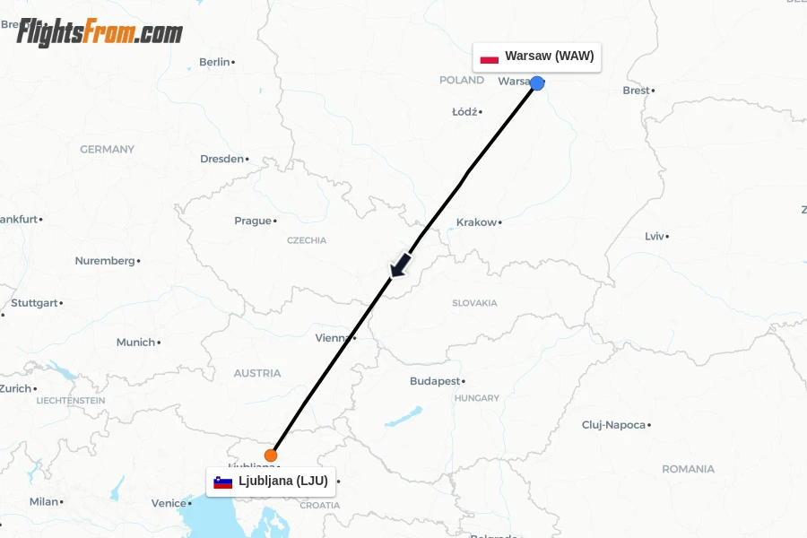 Flights from Warsaw to Ljubljana route map
