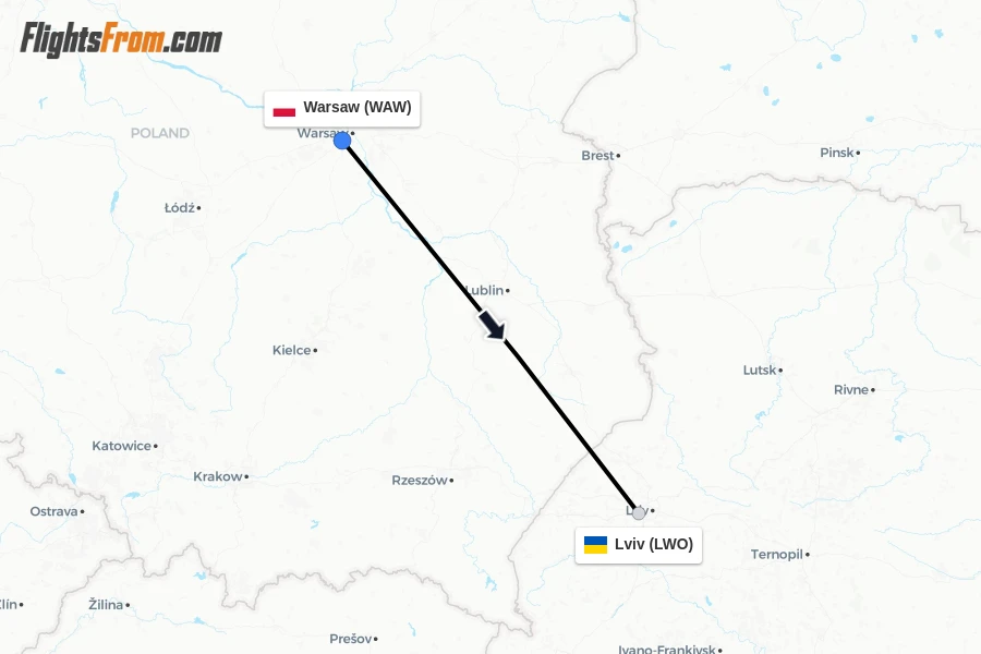Flights from Warsaw to Lviv route map